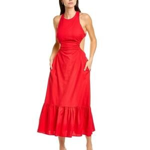 ASTR The Label Open Back Ruffle Hem Linen Cotton  Midi Dress Red Size SMALL